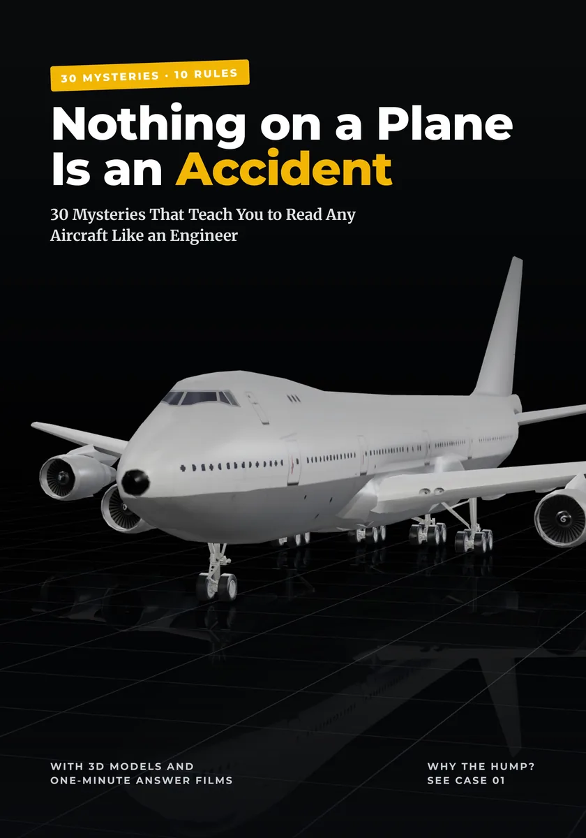 The book's cover: a plain white Boeing 747 standing on a black floor, under the title Nothing on a Plane Is an Accident