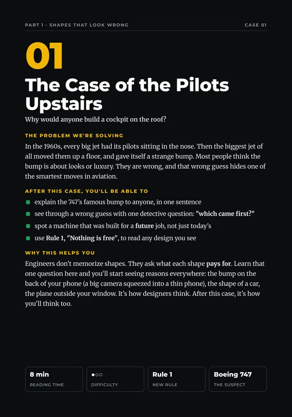 Page 9 of the book, the opener of Case 01, The Case of the Pilots Upstairs: a dark page with the problem we're solving, four things you'll be able to do, and why it helps you