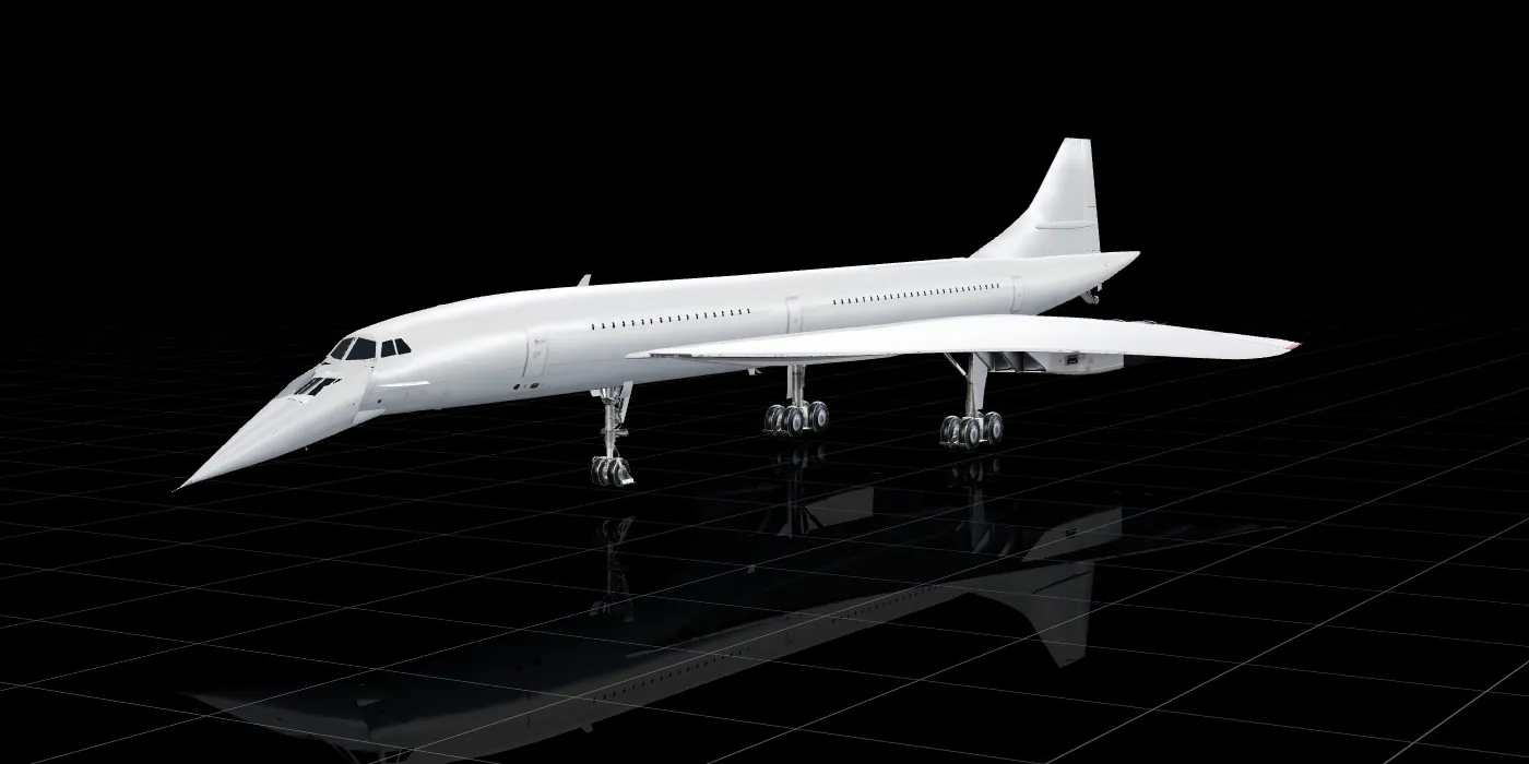 A plain white Concorde with its long nose tipped down, standing on a black floor with a faint grid